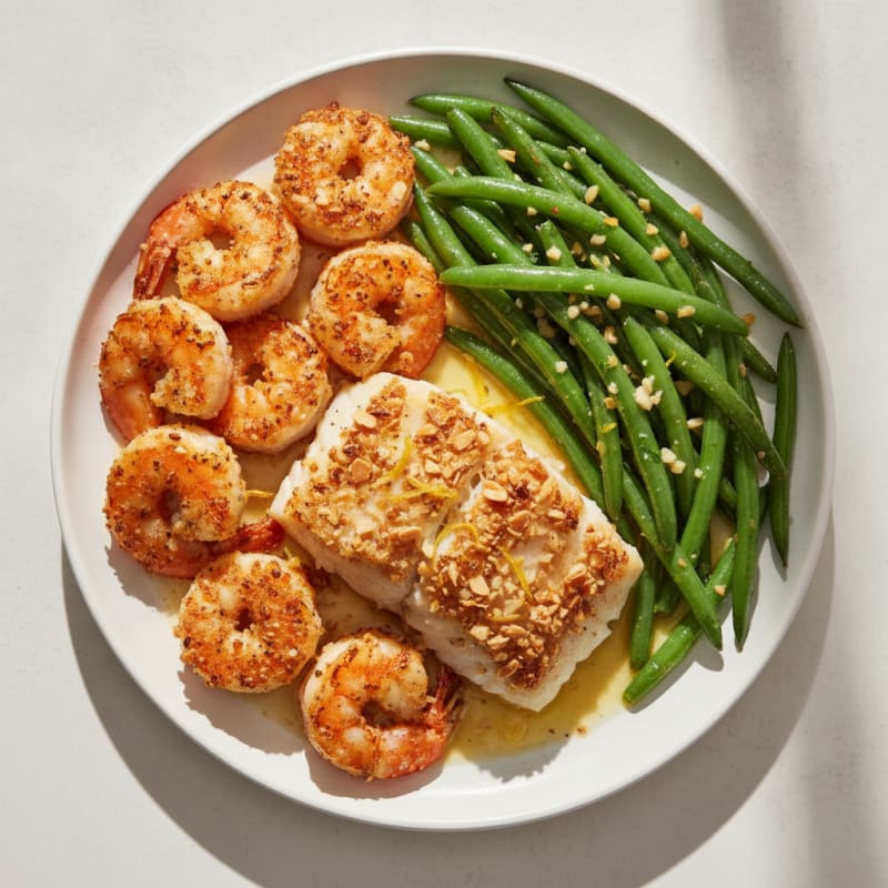 Crispy Pan-Fried Seafood Platter with Garlic Green Beans