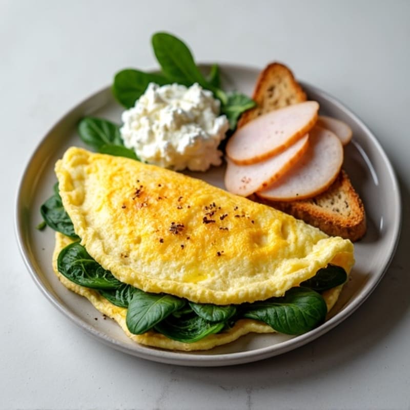 Egg White Spinach Omelette with Cottage Cheese and Sliced Turkey