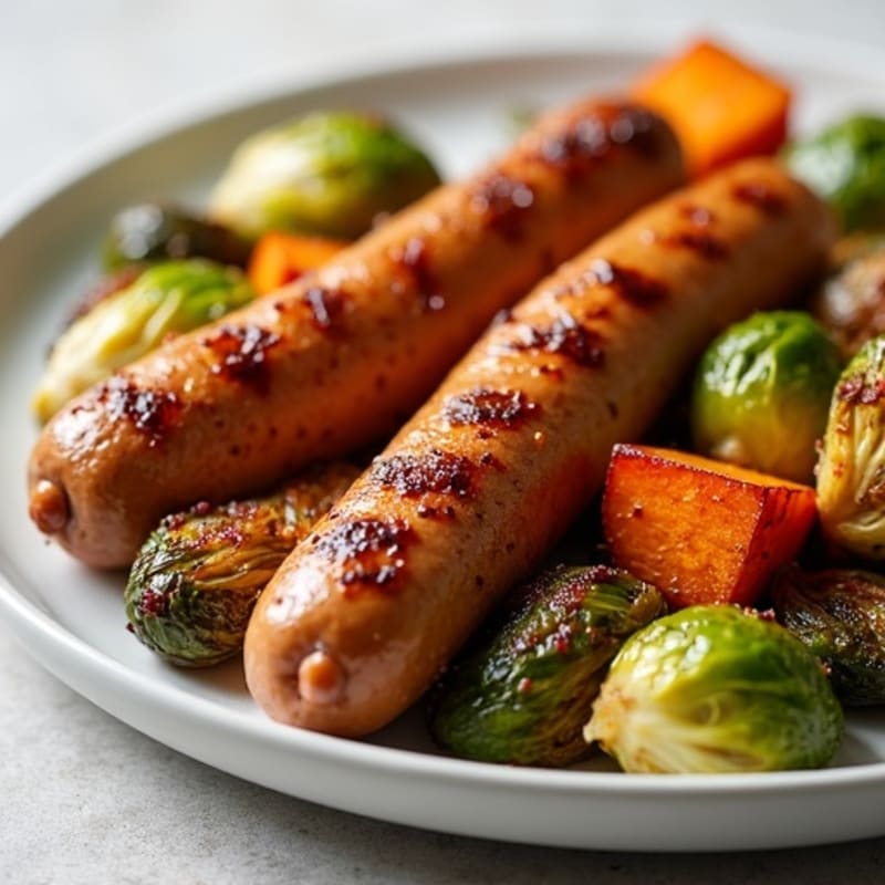 Lean Smoked Chicken Sausage with Crispy Roasted Brussels Sprouts and Sweet Potatoes