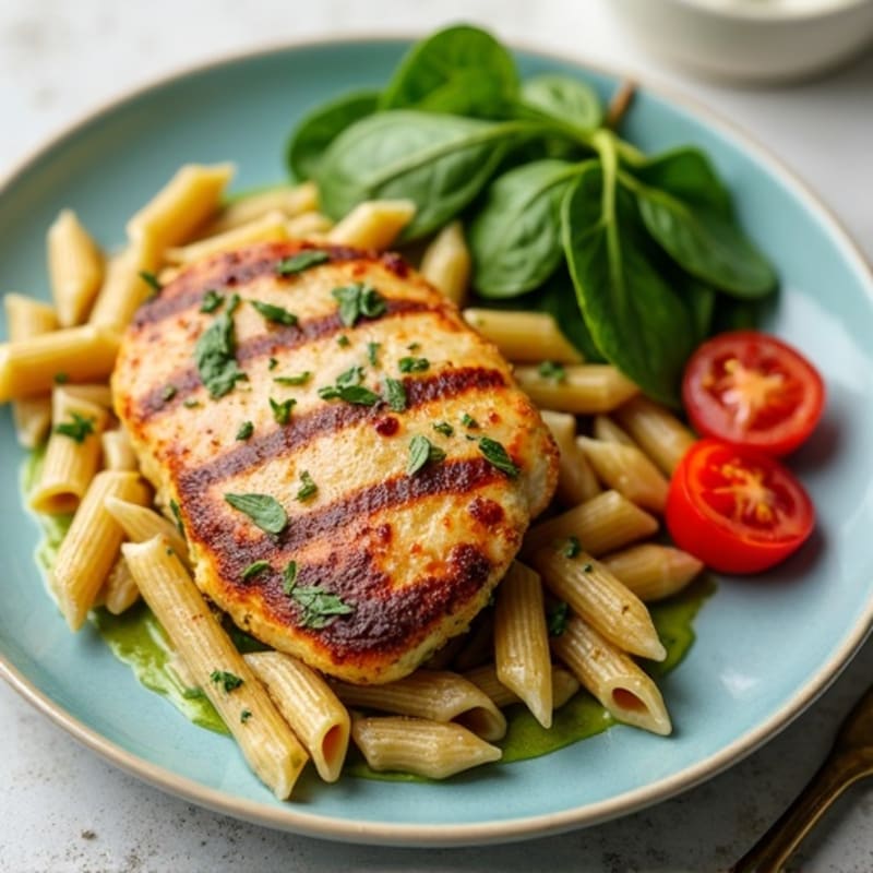 Pan-Seared Chicken with Creamy Pesto Whole Wheat Pasta