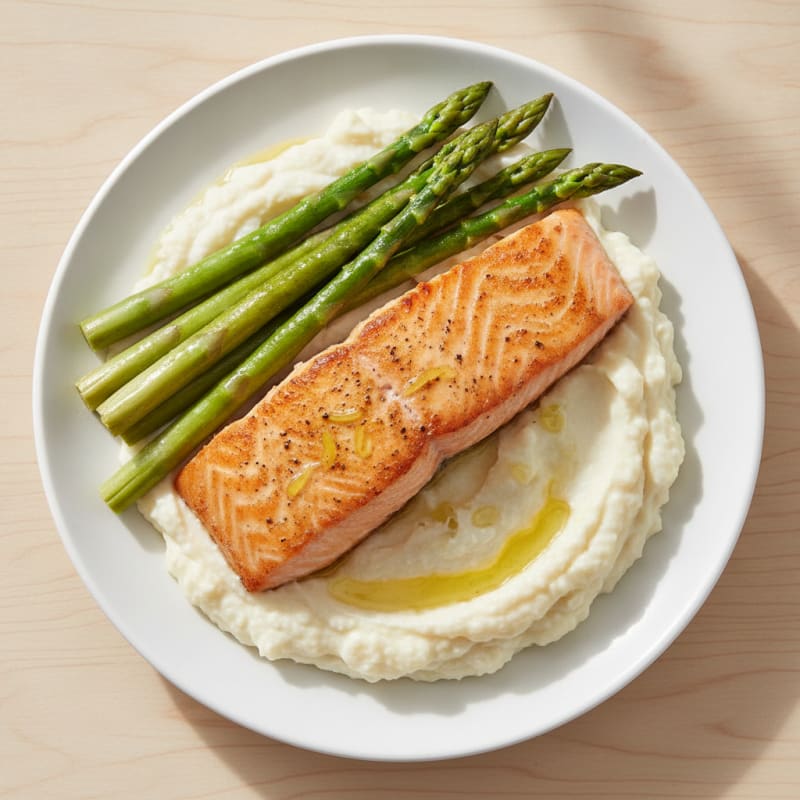 Seared Salmon with Steamed Asparagus and Cauliflower Mash