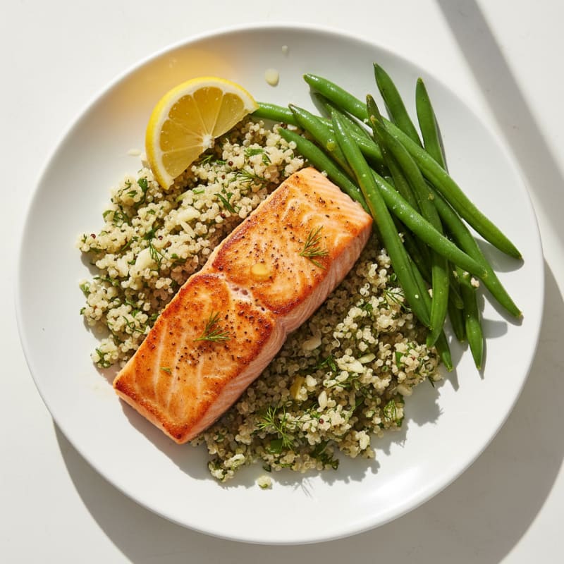 Seared Salmon with Steamed Green Beans and Herb Quinoa
