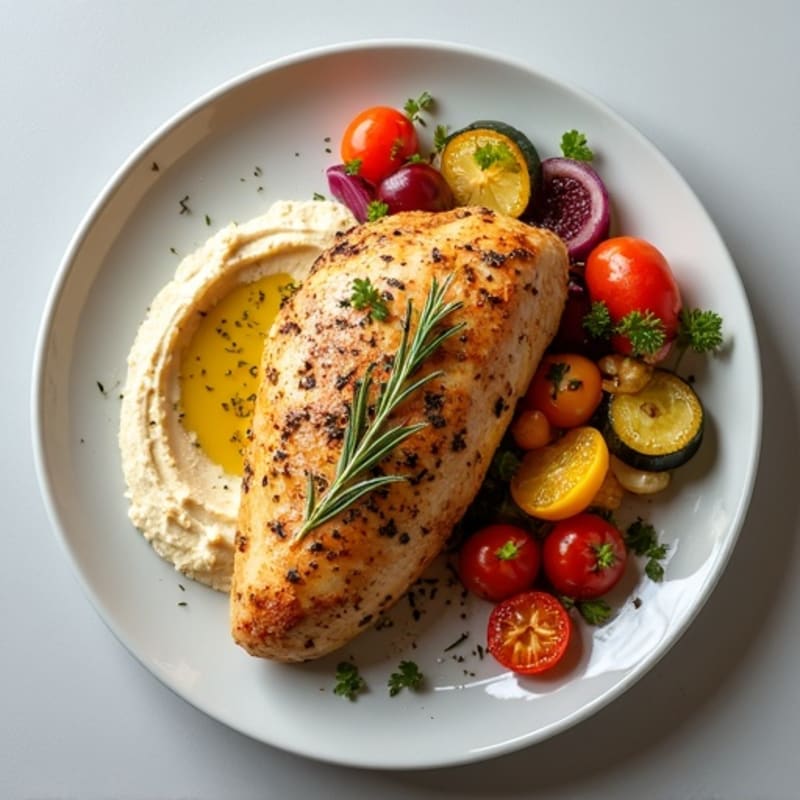 Herb-Roasted Chicken with Creamy Hummus and Crispy Roasted Vegetables