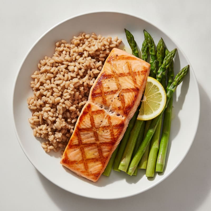 Seared Salmon with Steamed Asparagus and Brown Rice