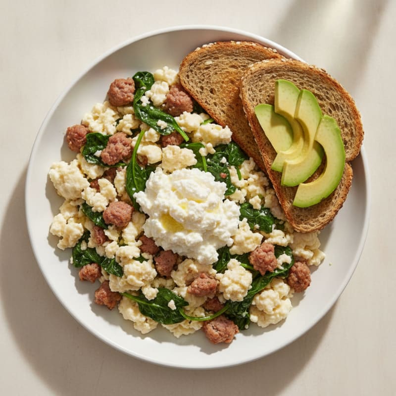Egg White and Turkey Sausage Scramble with Cottage Cheese and Spinach