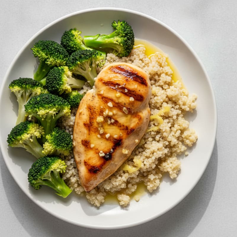 Grilled Lemon-Garlic Chicken Breast with Quinoa and Steamed Broccoli