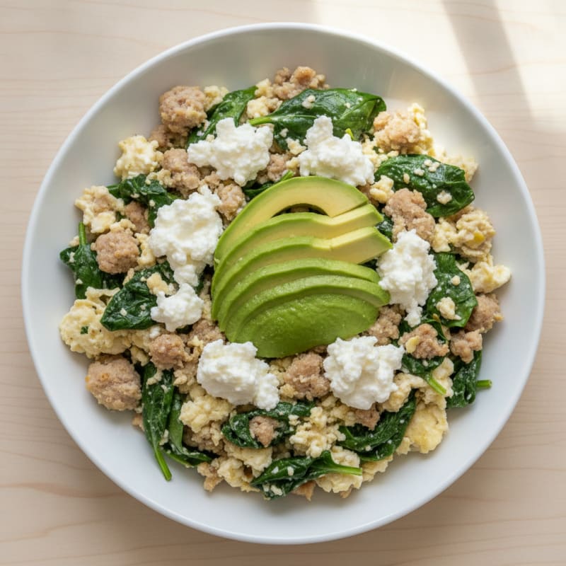 Egg White and Turkey Sausage Scramble with Spinach and Cottage Cheese
