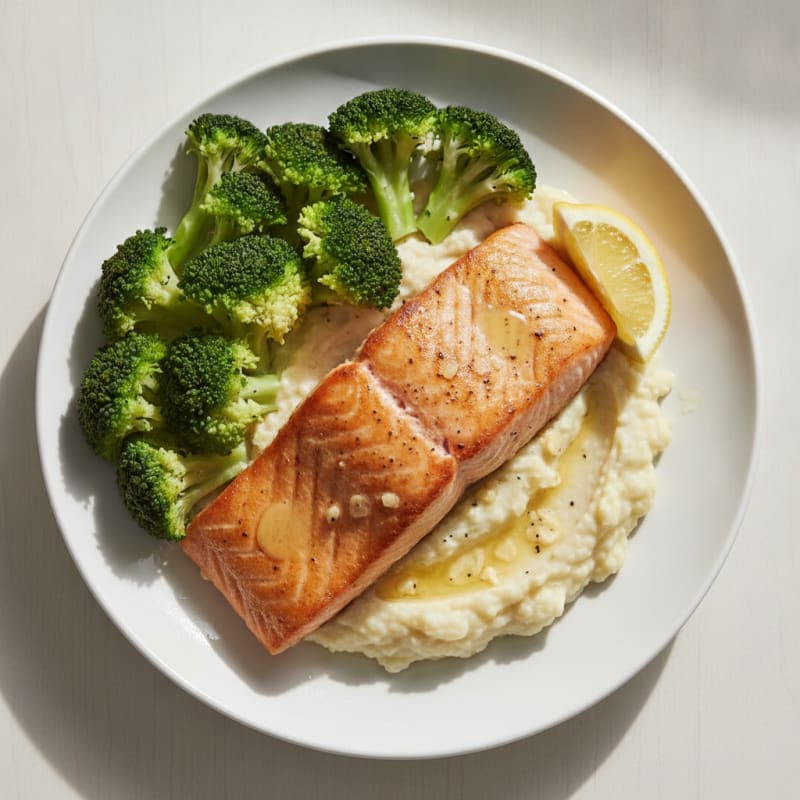 Seared Salmon with Steamed Broccoli and Garlic Cauliflower Mash