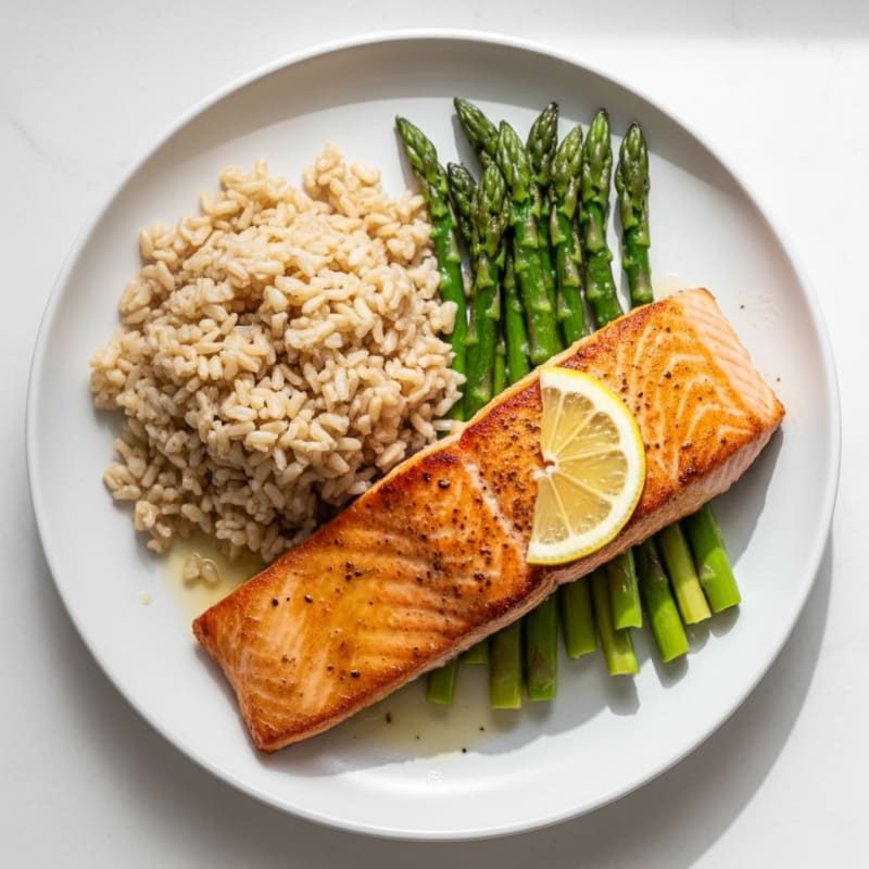 Seared Salmon with Steamed Asparagus and Brown Rice