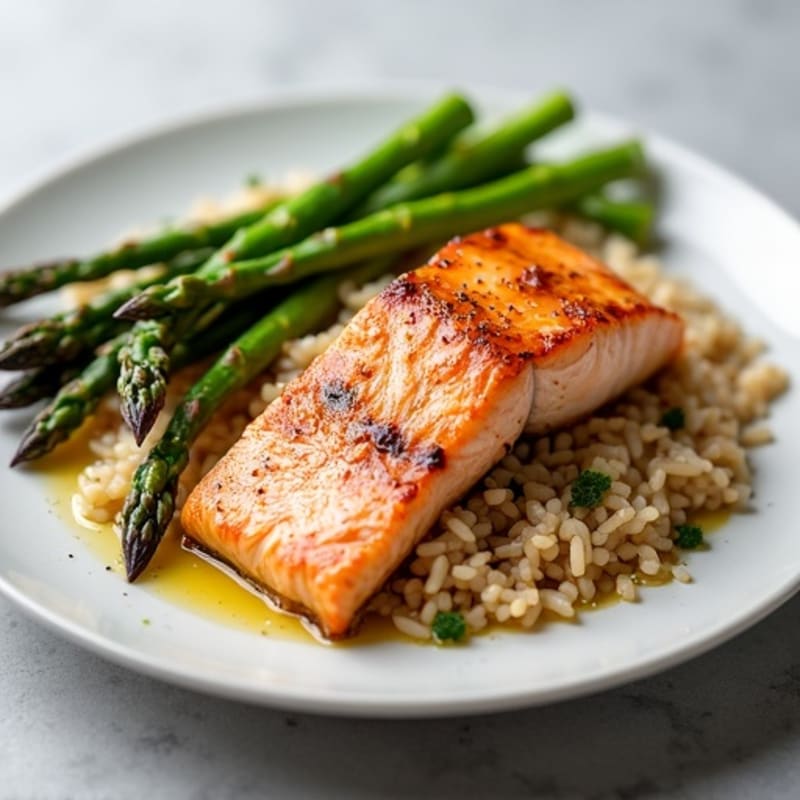 Seared Salmon with Steamed Asparagus and Brown Rice