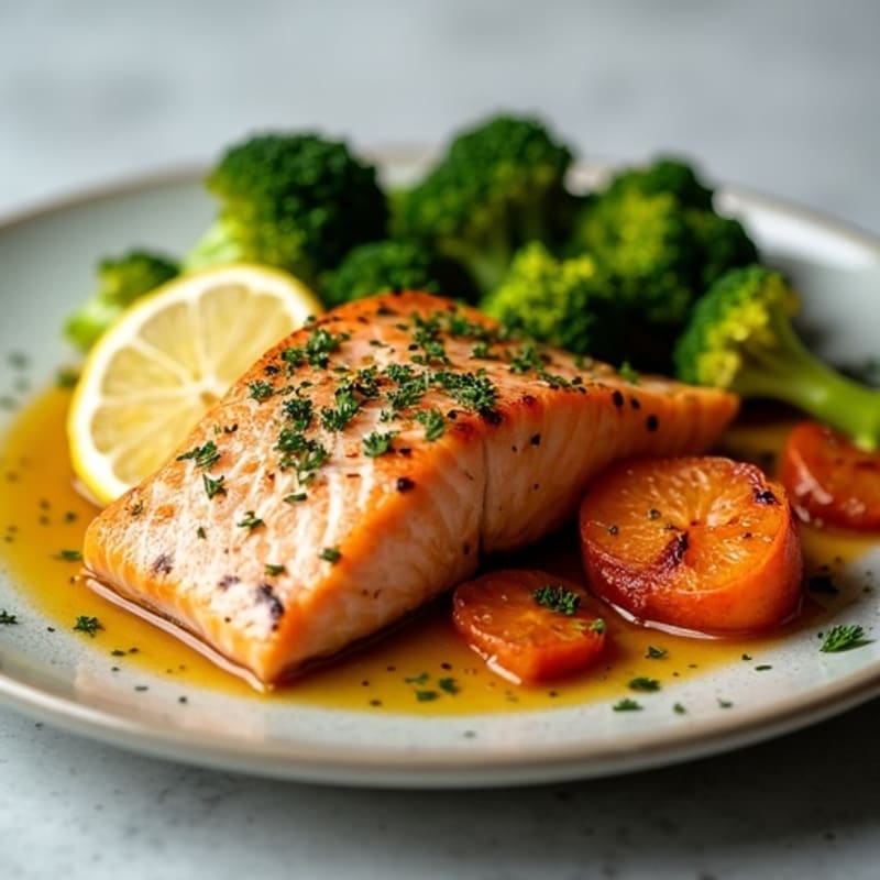 Lemon-Herb Roasted Salmon with Roasted Broccoli and Sweet Potato
