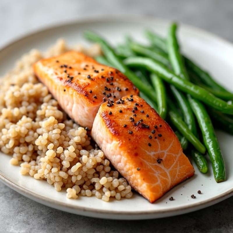 Seared Salmon Fillet with Steamed Green Beans and Brown Rice
