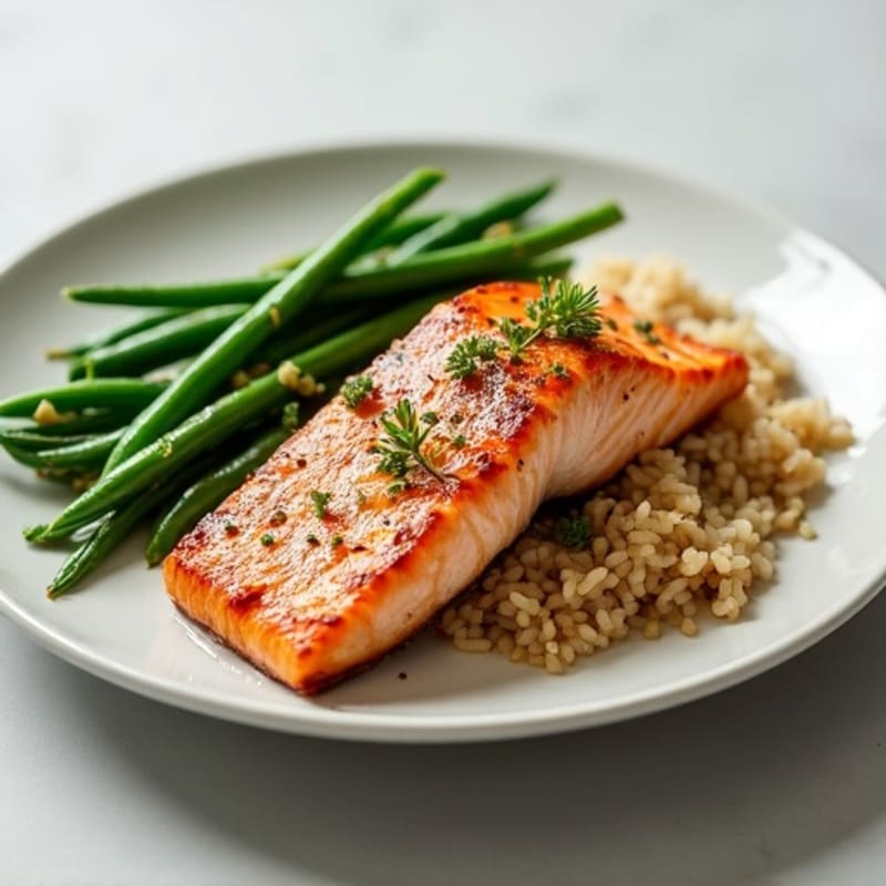 Seared Salmon Filet with Garlic Green Beans and Brown Rice