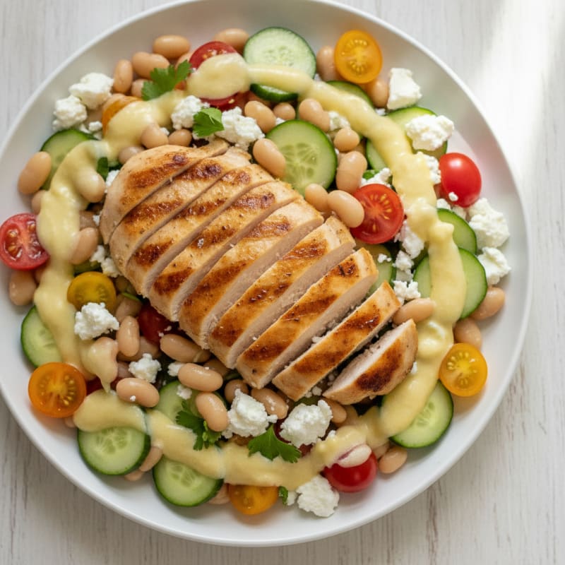 Grilled Chicken and Feta Salad with Cucumbers, Tomatoes, and White Beans