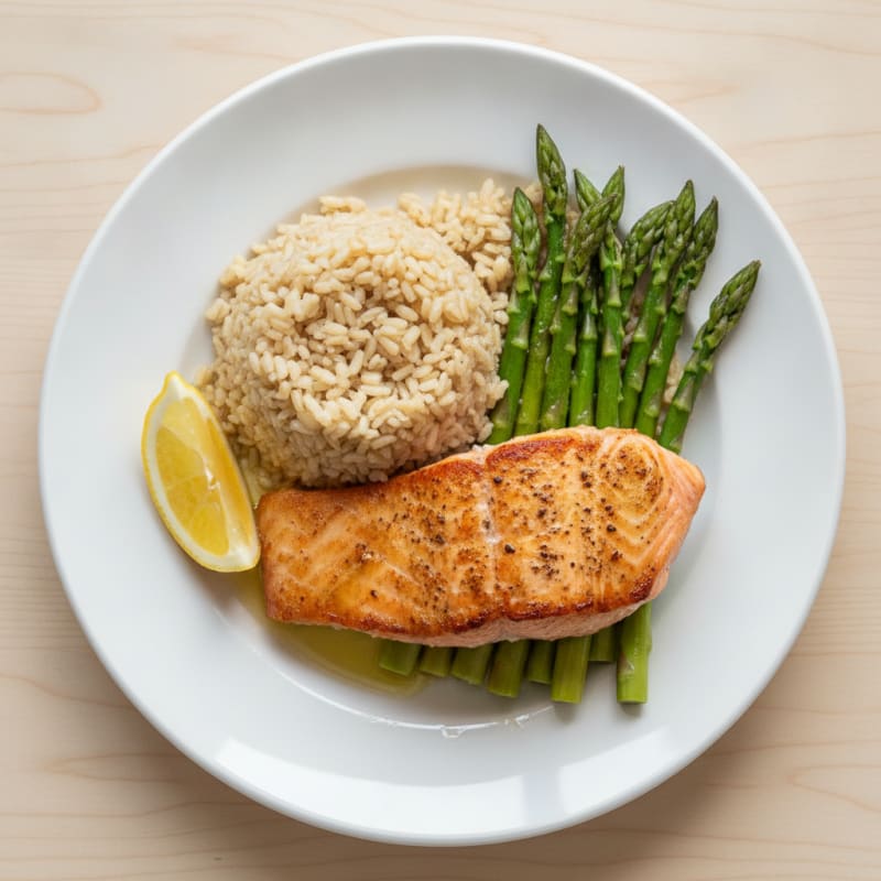 Seared Salmon with Steamed Asparagus and Brown Rice