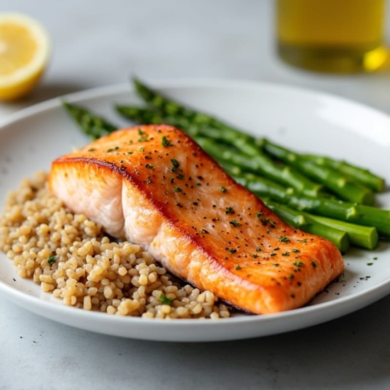 Seared Salmon with Steamed Asparagus and Brown Rice