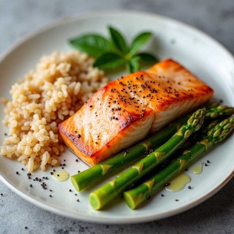 Seared Salmon with Steamed Asparagus and Brown Rice