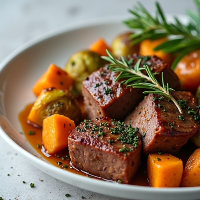 Herb-Roasted Lamb with Roasted Sweet Potatoes and Crispy Brussels Sprouts