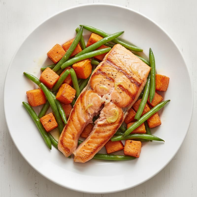 Seared Salmon Fillet with Roasted Sweet Potato and Green Beans