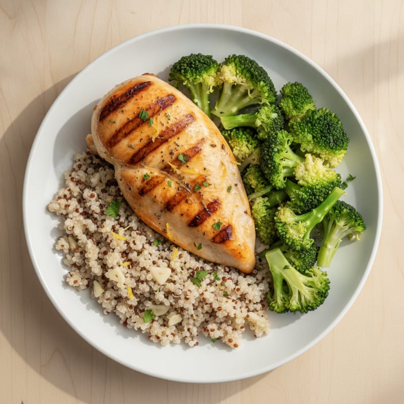 Grilled Lemon Chicken Breast with Quinoa and Steamed Broccoli