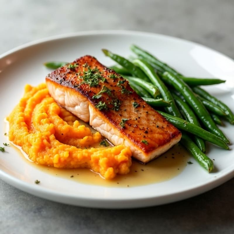 Seared Salmon with Garlic Green Beans and Sweet Potato Mash
