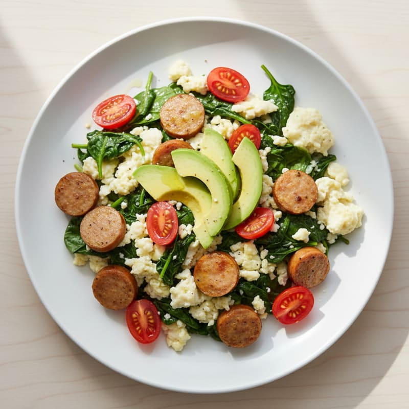 Egg White and Turkey Sausage Scramble with Sautéed Spinach