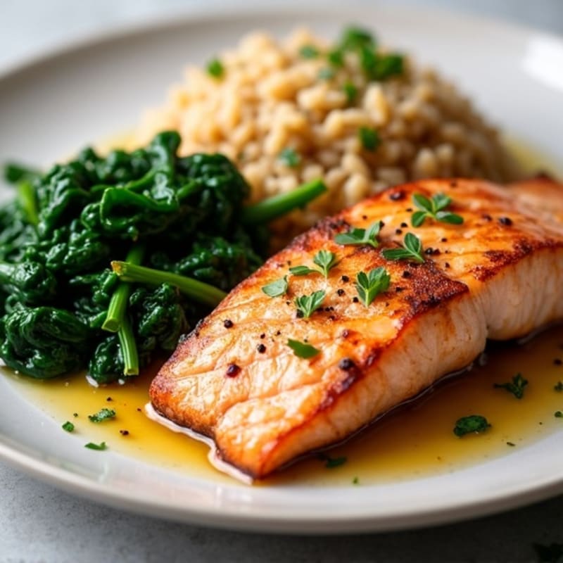 Pan Seared Salmon with Garlic Spinach and Brown Rice
