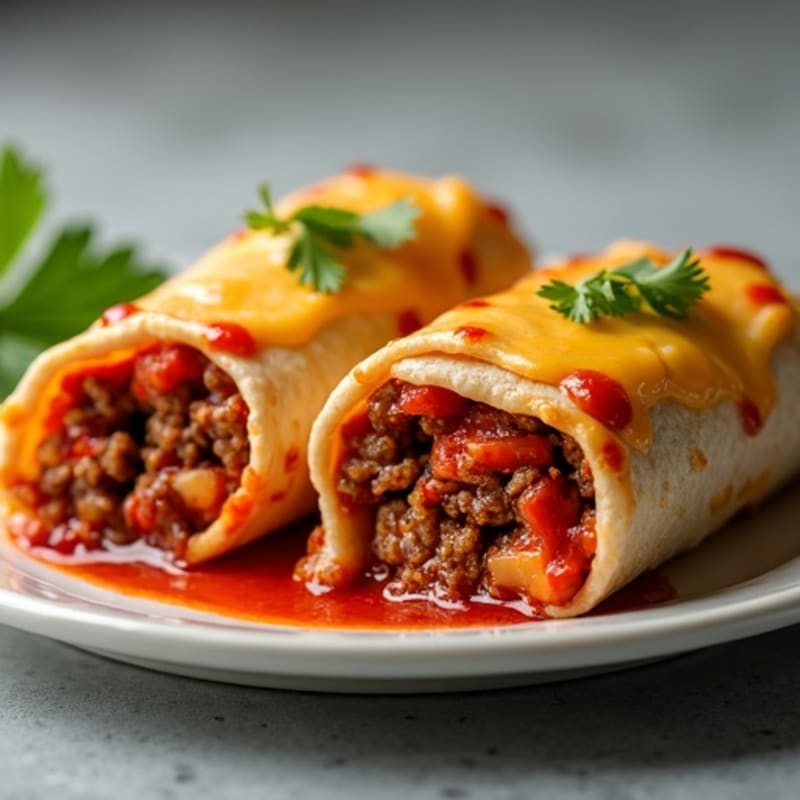 Lean Ground Beef Baked Cheesy Tortilla Rolls with Smoky Red Sauce
