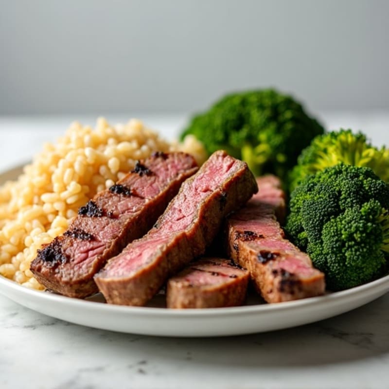 Grilled Beef Strips with Roasted Broccoli and Brown Rice