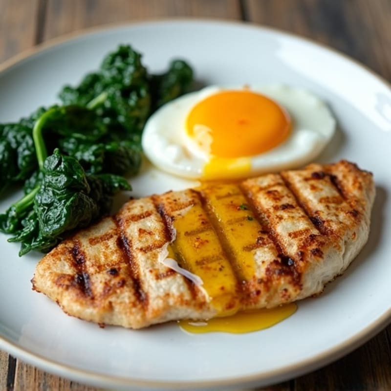 Grilled Chicken with Sautéed Spinach and Jammy Eggs