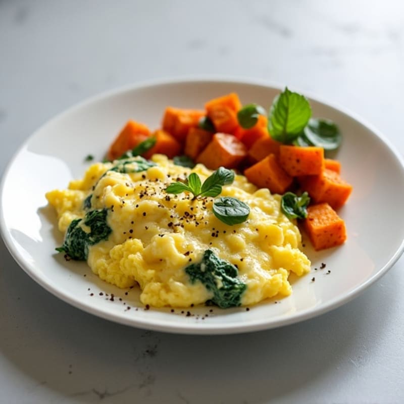 Creamy Scrambled Eggs with Fresh Spinach and Roasted Sweet Potato Hash
