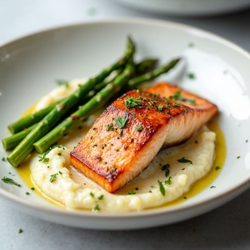 Seared Salmon with Steamed Asparagus and Cauliflower Mash