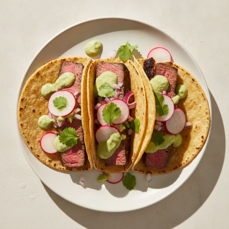 Carne Asada Tacos with Avocado Crema