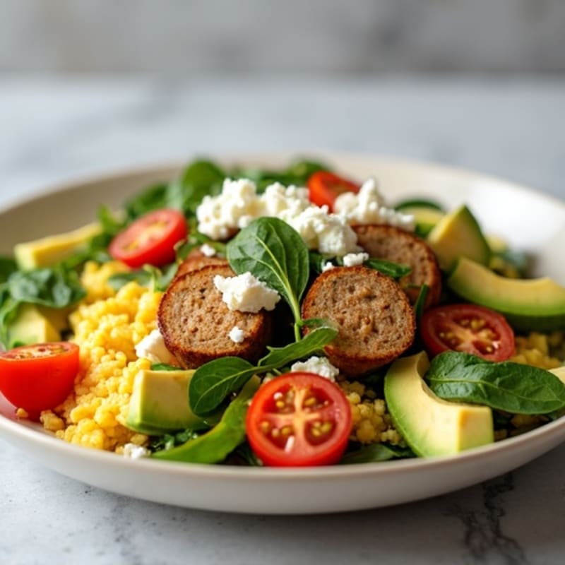 Egg White and Turkey Sausage Scramble with Spinach, Tomatoes, Avocado, and Feta