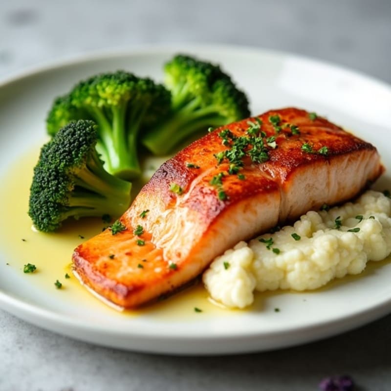 Seared Salmon with Steamed Broccoli and Garlic Cauliflower Mash