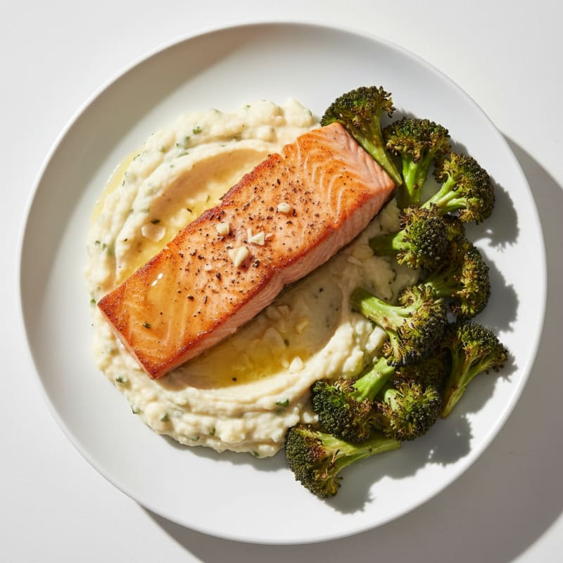 Seared Salmon with Roasted Broccoli and Garlic Mash