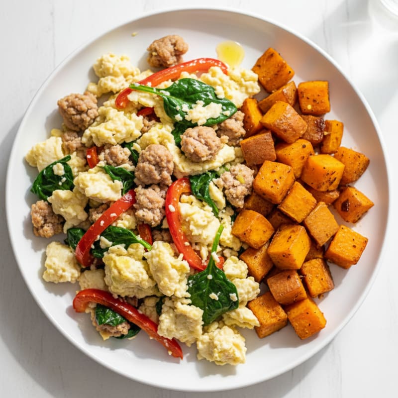 Egg White and Turkey Sausage Scramble with Roasted Sweet Potatoes