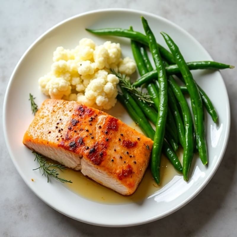 Seared Salmon Fillet with Steamed Green Beans and Garlic Mashed Cauliflower