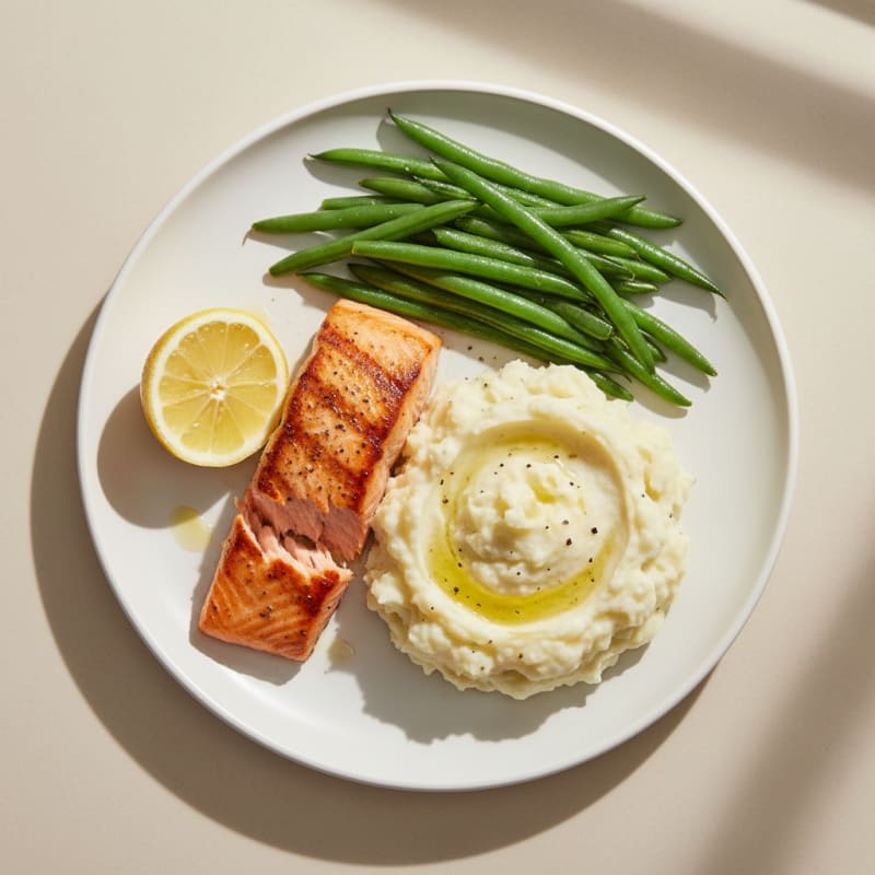 Seared Salmon with Steamed Green Beans and Garlic Mashed Potatoes