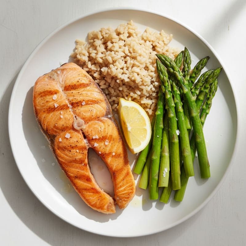 Seared Salmon with Steamed Asparagus and Brown Rice