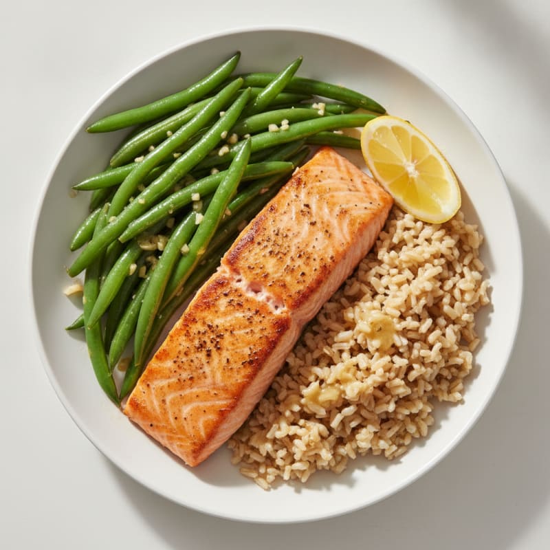 Seared Salmon with Garlic Green Beans and Brown Rice