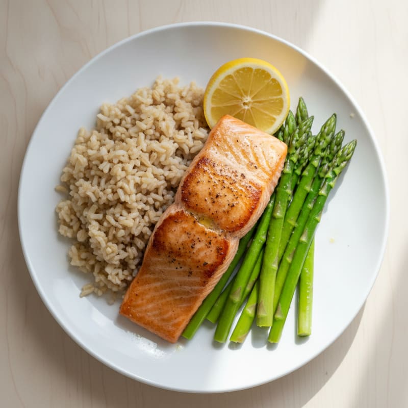 Seared Salmon Fillet with Steamed Asparagus and Brown Rice