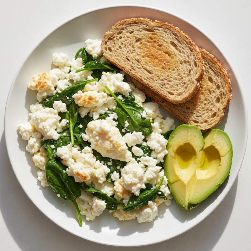 Egg White and Cottage Cheese Scramble with Sautéed Spinach