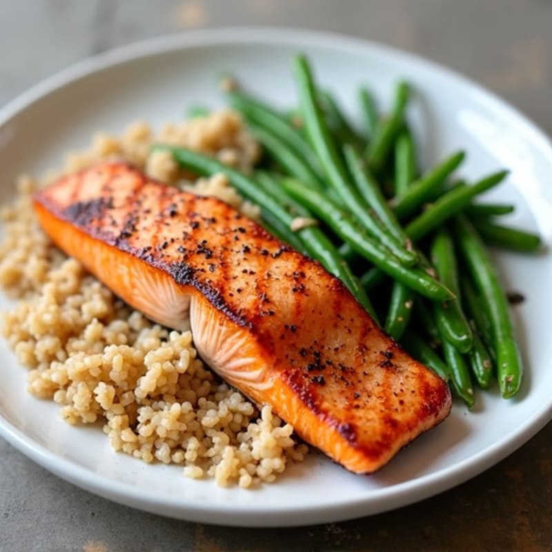 Seared Salmon with Steamed Green Beans and Brown Rice