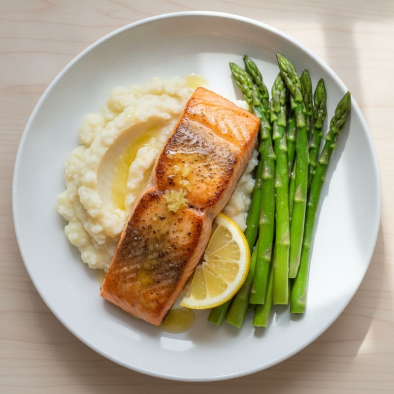 Seared Salmon with Steamed Asparagus and Cauliflower Mash
