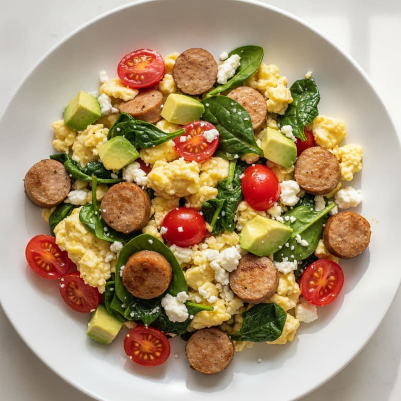 Egg White and Turkey Sausage Scramble with Spinach and Cherry Tomatoes