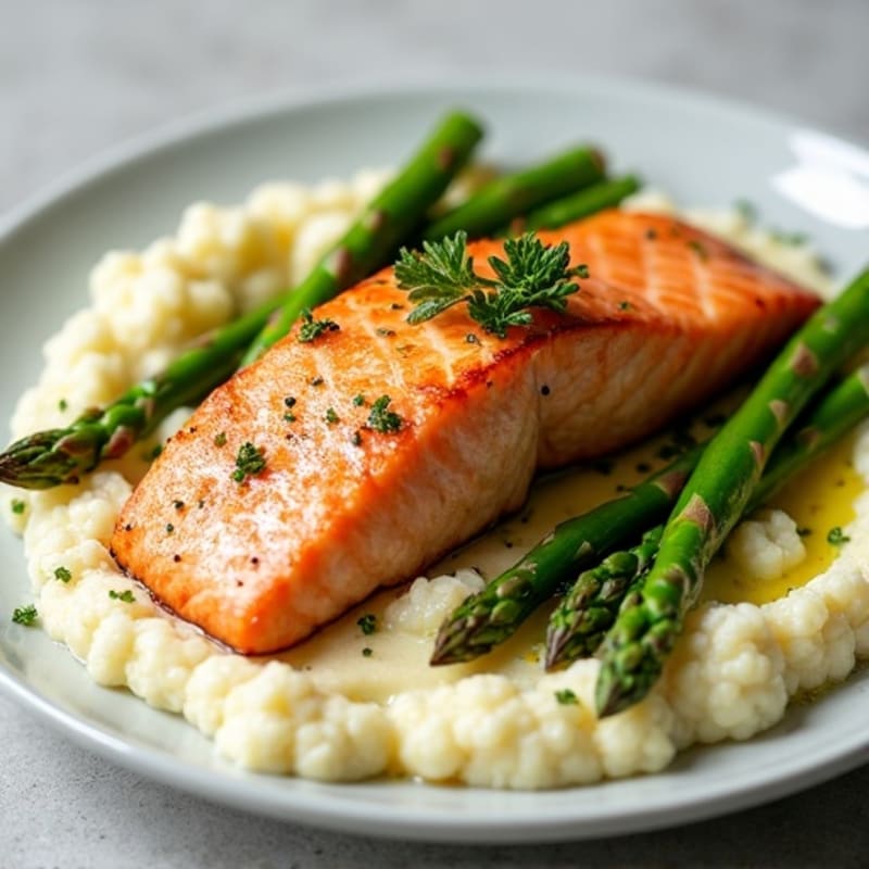 Seared Salmon with Asparagus and Cauliflower Mash
