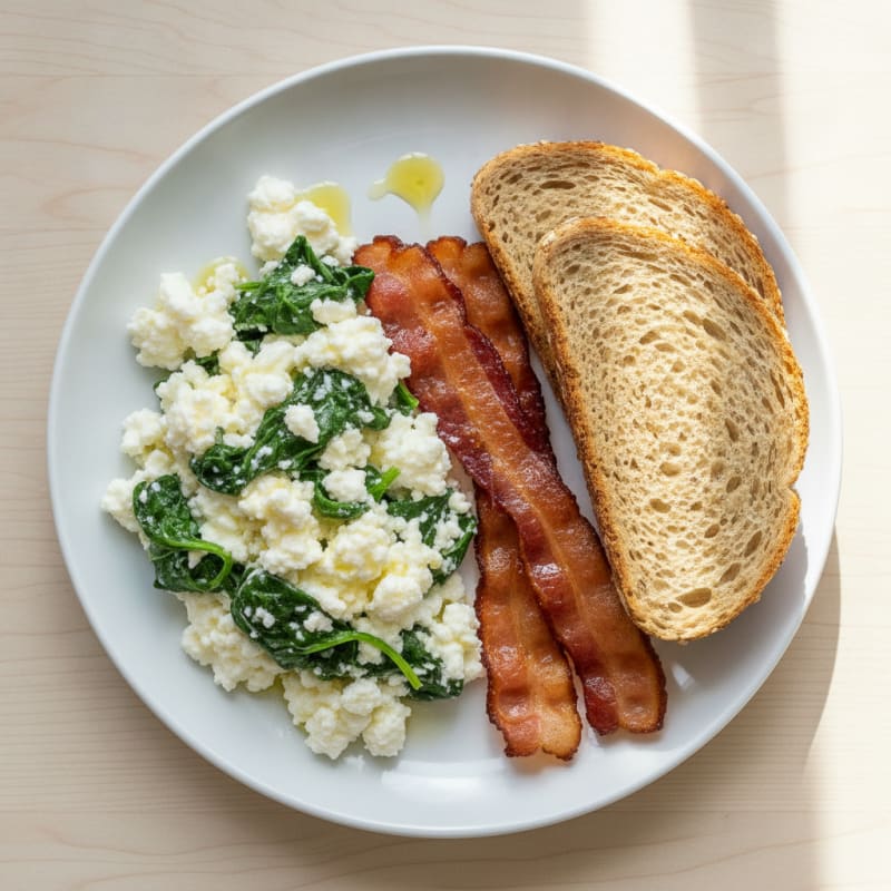 Cottage Cheese Egg White Scramble with Spinach and Turkey Bacon