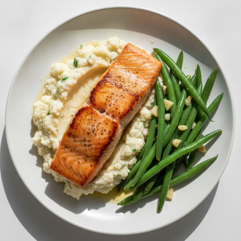 Seared Salmon with Garlic Green Beans and Cauliflower Mash