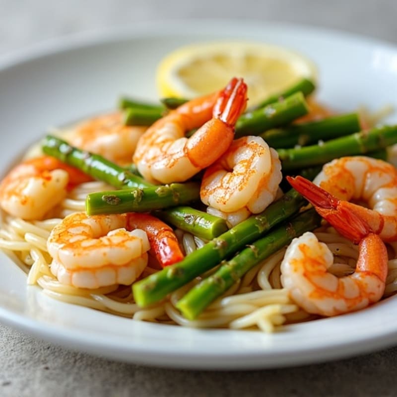 Zesty Lemon Garlic Shrimp with Tender Asparagus and Brown Rice Pasta